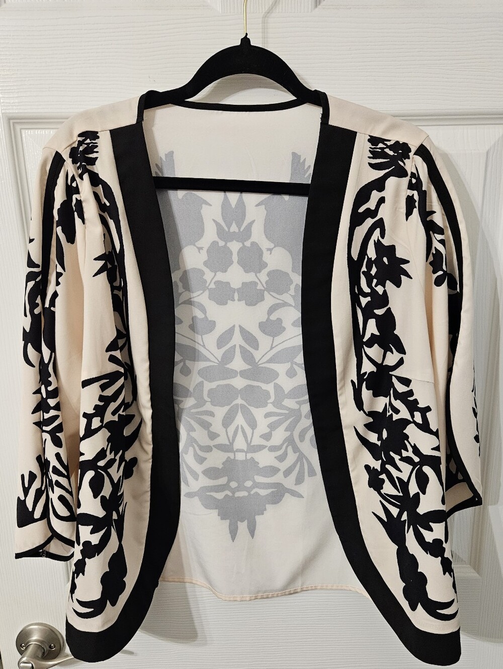 Cream and Black Open-Front Floral Knit Cardigan Sweater
